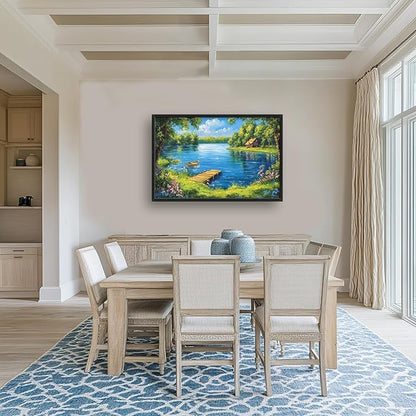 Large Green Lake Wall Art for Living Room, Framed Oversized Tree Boat Wildflowers Wall Decor Nature Landscape Canvas Painting Modern Artwork for Bathroom Bedroom Office Dining Room 36"x24"