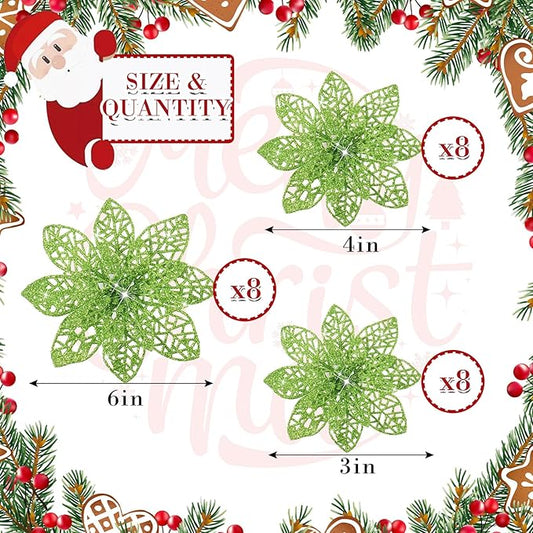 Boao Green 24 Pieces Poinsettia Flower Christmas Glitter Artificial Poinsettia with Clips Christmas Tree Ornament Decorations for DIY Xmas Wreath Holiday Home Party Decor, 3/4/6 Inches