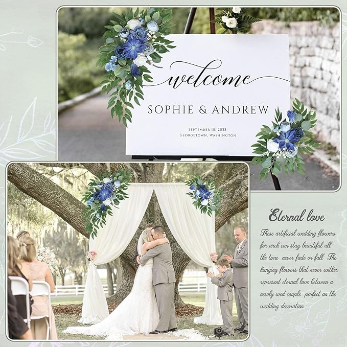 Faux Flower Swag Set of 2, Blue Artificial Flowers Swags for Wedding Arch, Wedding Welcome Signs, Welcome Reception Ceremony Signs Decorations
