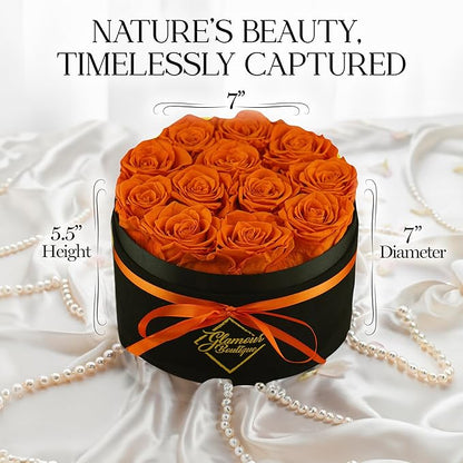 GLAMOUR BOUTIQUE Flowers Forever Gift Box 12 Real Preserved Roses in a Velvet Black Box, Birthday Rose Gift for Wife Mom and Her, Mothers Day, Anniversary, Graduation - Orange