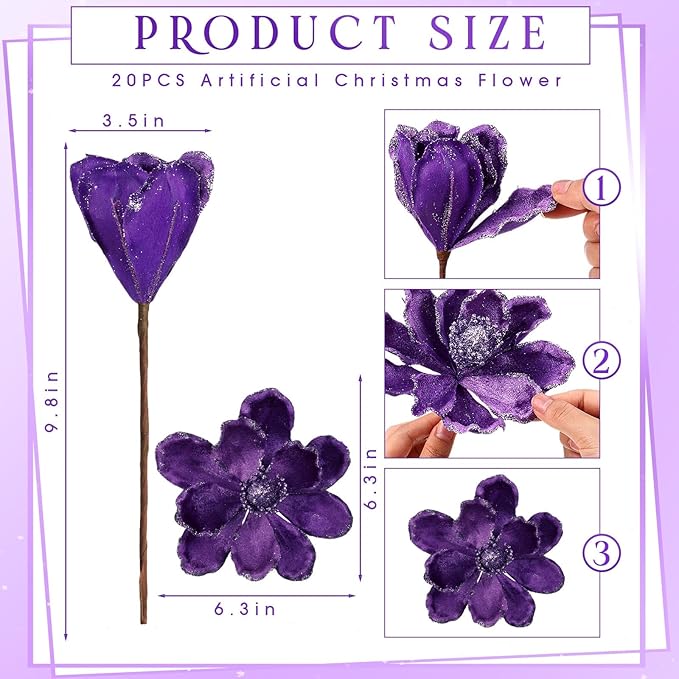 20 Pcs Christmas Glitter Poinsettia Magnolia Flowers Ornaments Large Heads Artificial Magnolia Flowers for Christmas Tree Xmas Wreath Holiday Wedding Decor (Purple)