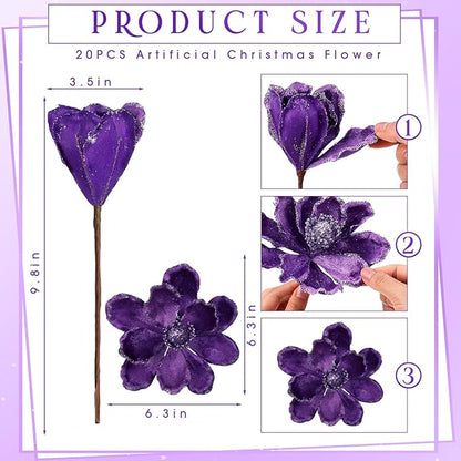 20 Pcs Christmas Glitter Poinsettia Magnolia Flowers Ornaments Large Heads Artificial Magnolia Flowers for Christmas Tree Xmas Wreath Holiday Wedding Decor (Purple)