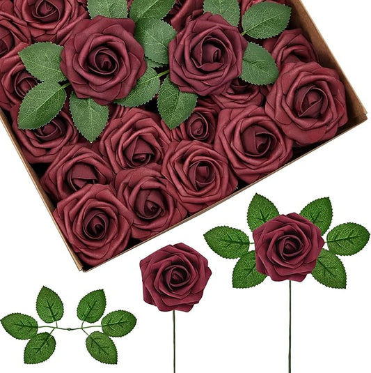 InnoGear Artificial Flowers, 50 Pcs Burgundy Foam Fake Roses Bulk with Stems for Decoration DIY Wedding Bouquets Centerpieces Bridal Shower Party Christmas Tree