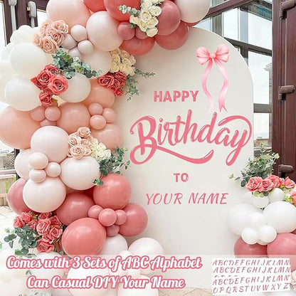 Custom Name Happy Birthday Signs for Backdrop Sweet Girl Birthday Party Vinyl Stickers for Pink Bow Balloon Arch Decoration Women Happy Birthdays Letters Banner Photo Background Sticker Party Supplies
