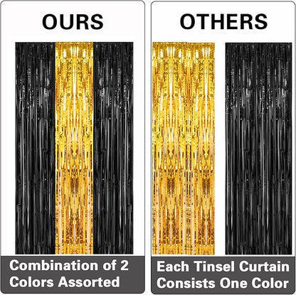 2 Pack 3.2x8.2 Feet Black and Gold Tinsel Backdrop Party Decorations, Foil Fringe Curtains Backdrop for Birthday Graduation Wedding Engagement Bridal