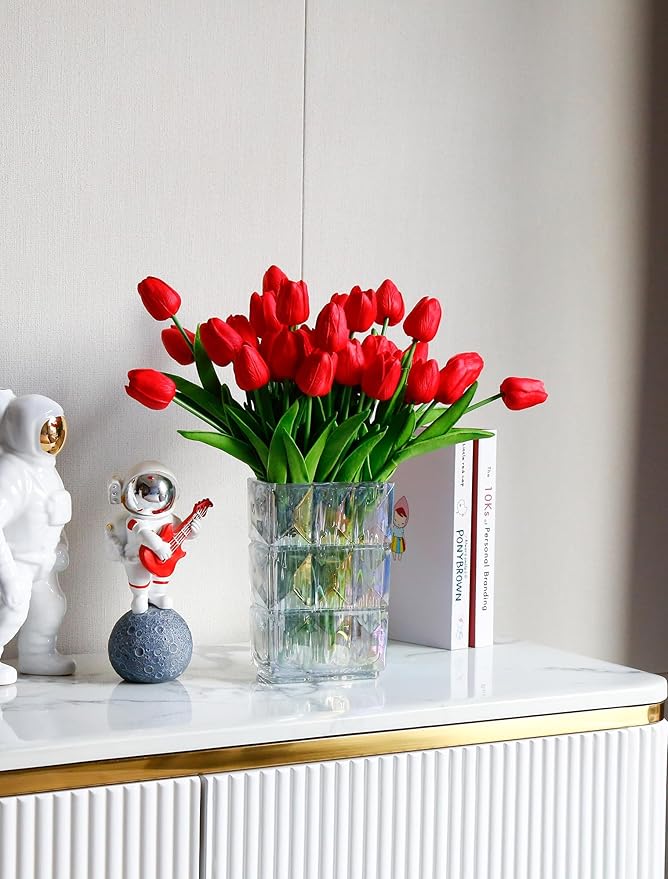 36 PCS Red Tulips Artificial Flowers 13" PU Fake Flowers for Wedding Home Decor (Red)