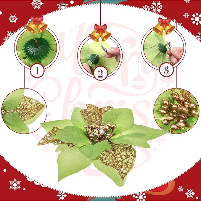 Boao 24 Pieces Christmas Artificial Glitter Poinsettia Flowers Xmas Flowers Wedding Christmas Tree New Year Ornaments(Green)