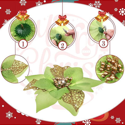 Boao 24 Pieces Christmas Artificial Glitter Poinsettia Flowers Xmas Flowers Wedding Christmas Tree New Year Ornaments(Green)