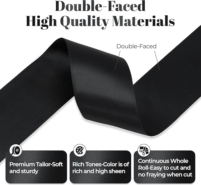 Black Satin Ribbon, Double Faced 1-1/2 Inch X 50 Yards Black Ribbon, Premium Satin Ribbon for Gift Wrapping, Crafts, Hair Bow Making, Sewing, Flower Bouquet, Wedding Party Decor