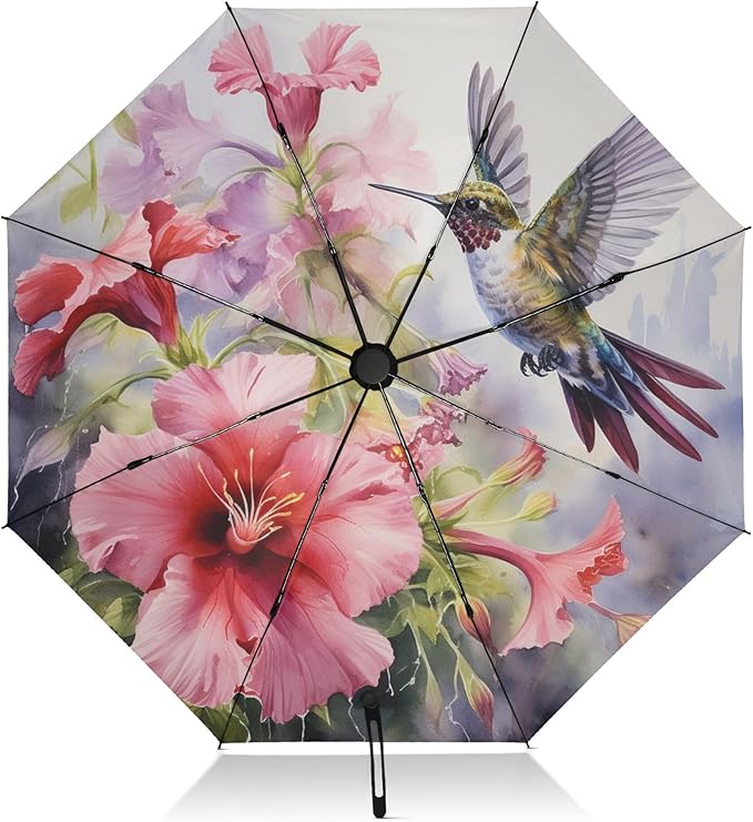 Automatic Folding Umbrella Windproof Strong, UV Protection Compact Floral Hydrangea Hummingbird Sun Rain Sun Rain Travel Umbrellas for Women Men
