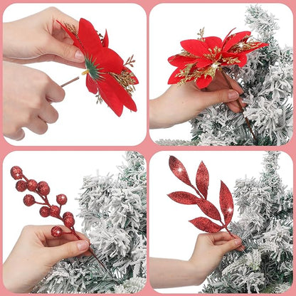 60 Pcs Christmas Glitter Branches 6 Styles Artificial Christmas Picks Berries Stems Poinsettia Flowers Pine Needles Floral Twig Spray for Xmas Tree Ornaments DIY Wreath Garland(Red)