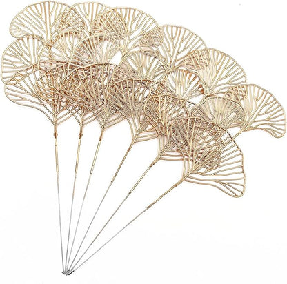 PASYOU Fake Golden Apricot Leaves Plants Artificial Gold Ginkgo Leaf Stems for Christmas Decor, Faux Plastic Sticks Picks Indoor Outdoor Home Wedding Party Event Xmas Ornaments DIY Decoration 12 Pcs