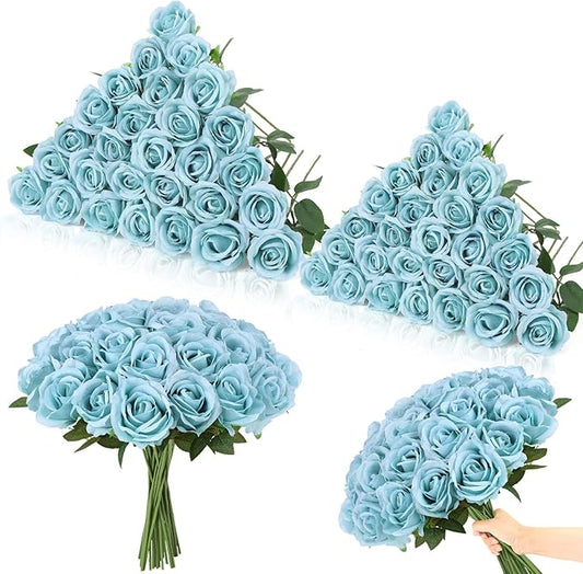 80 Pcs Roses Artificial Flowers, Silk Haze Blue Artificial Flowers Petals Long Stem Roses for Wedding Bouquet Home Party Decor