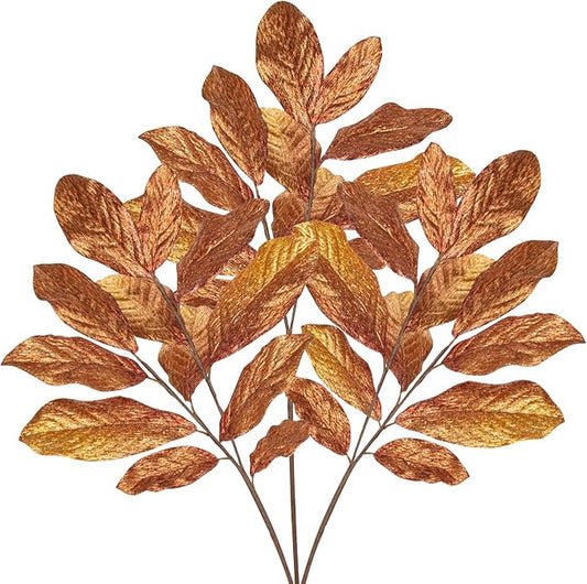 3PCS Bronze Glittered Artificial Leaf Spray Picks 31 inch Tall for Christmas Winter Autumn Wreath Tree Swag Floral Arrangment Vase Holiday Wedding, Bronze
