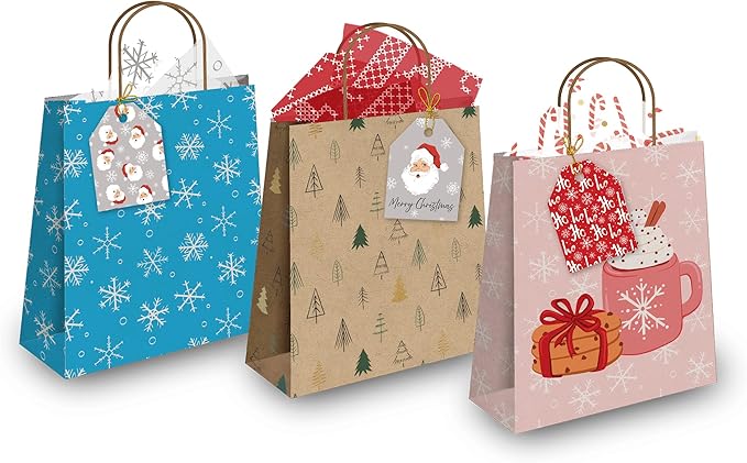 Pro Supply Global 24 Count of 2.5 Inch x 3 Inch Pre Strung Christmas Santas Gift Tag Assorted Printed Designs on Large Cardstock Gift Hang Tags - Ideal to Use on Bags