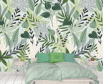 Cliouar-Watercolor Green Leaves Tropical Plants Bedroom Living Room Decoration Mural Wallpaper 158" x 110"(Not Self-Adhesive)