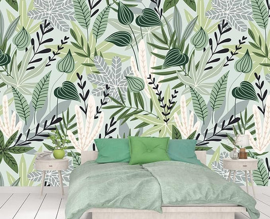 Cliouar-Watercolor Green Leaves Tropical Plants Bedroom Living Room Decoration Mural Wallpaper 158" x 110"(Not Self-Adhesive)