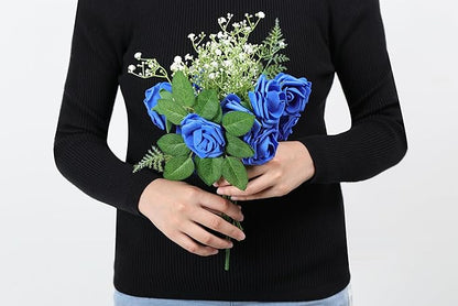 60Pcs Artificial Rose Flowers, Real Looking Fake Roses for Decorations, Foam Rose Bulk with Stems for DIY Wedding Bouquets Floral Arrangements Bridal Shower Party Home Decor (60, Navy Blue)