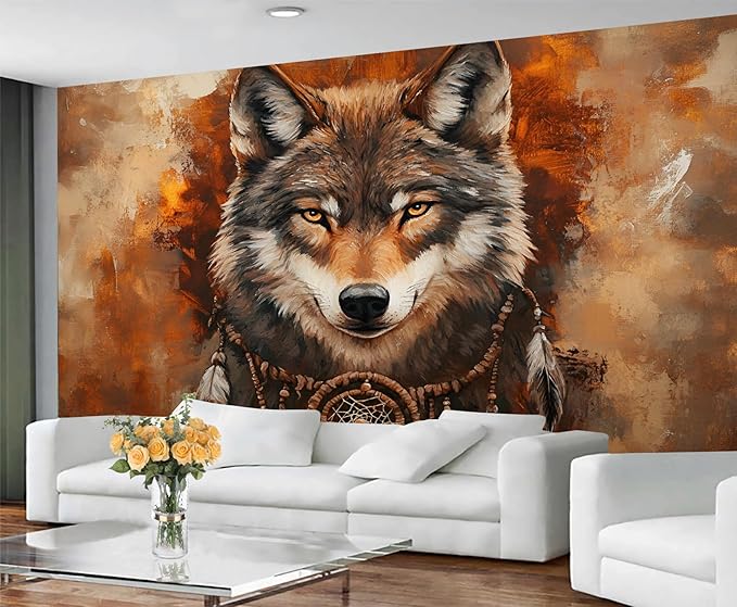 Wolf Dreamcatcher Wall Mural, Tribal Wolf 3D Wall Murals, Feathers Dreamcatcher Animal Totem Wallpaper Mural, for Living Room Bedroom Large Wallpaper Indoor Decor 197" W x124.8 H