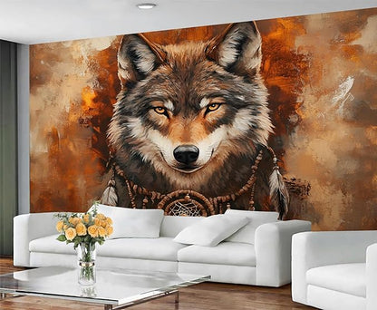 Wolf Dreamcatcher Wall Mural, Tribal Wolf 3D Wall Murals, Feathers Dreamcatcher Animal Totem Wallpaper Mural, for Living Room Bedroom Large Wallpaper Indoor Decor 197" W x124.8 H