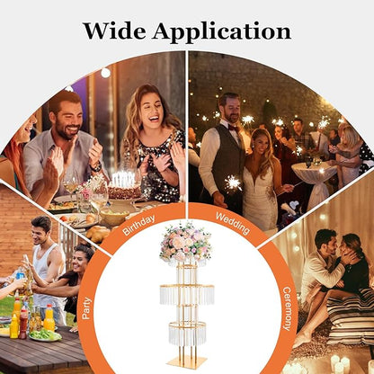 Wedding Gold Vases Centerpieces Crystal Flower Stand with Hanging Crystals, 5 Tier Round Chandelier Pedestal Stand,Crystal Wedding Flowers Stand,Perfect for T-Stage Wedding Party Hotel Decor