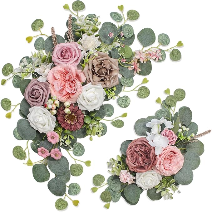 Artificial Wedding Arch Flowers for Wedding Sign,Set of 2 for Wedding Welcome Ceremony Sign,Faux Floral Swags,Wedding, Banquet and Reception Backdrop Floral Decoration (Coffee Pink)