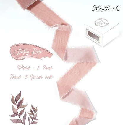 MAYREEL Dusty Rose Velvet Ribbon 2 Inch Hand Torn Pink Silk Frayed Edge Ribbon for Valentine's Day Bridal Bouquets Invitations Wedding Vow Books Gift Baskets Hair Bows 3 Yards