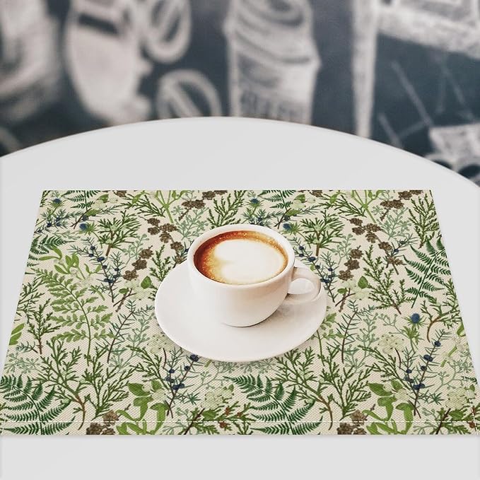 Retro Botanical Placemats Set of 6, 17x12 Inch Rustic Farmhouse Green Leaves Vintage Plants Aesthetic Table Mats for Home Party Kitchen Dining Decor