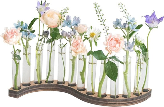 Test Tube Vases for Flowers，Small Plant Propagation Station，S Shape Plant Terrarium with Wooden Stand(Amber)