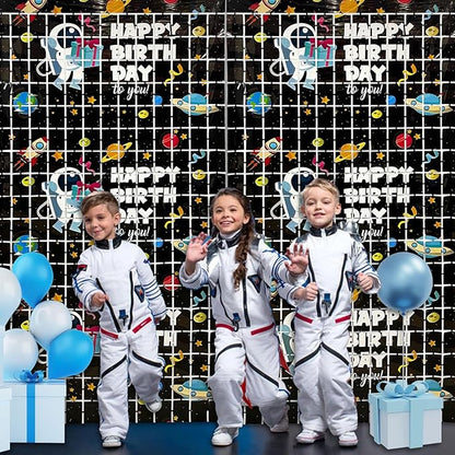 Astronaut Birthday Party Decorations 2 Pack Outer Space Foil Fringe Curtains 3.28 x 6.56Ft Space Tinsel Curtain Backdrop Black Photo Booth Backdrop for Kids Boys Girls Galaxy Birthday Baby Shower