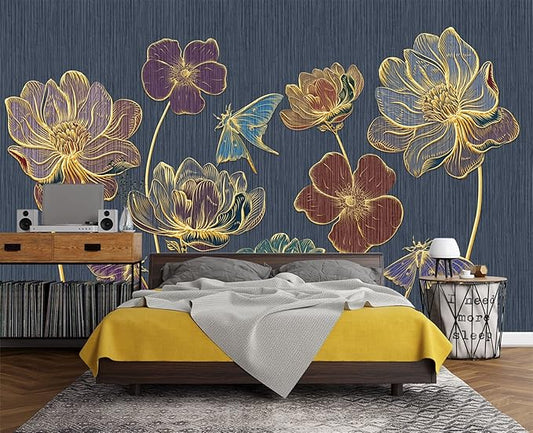 Embossed Golden Flower 3D Wall Mural Wallpaper for Bedroom 137" x 100"