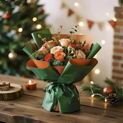LeZakaa 20 Sheets Christmas Flower Wrapping Paper, Retro Green and Bronze Gold Design Waterproof Reversible Floral Bouquet Paper, for Valentines, Mothers Day, Party, Birthday, Wedding, Baby Shower