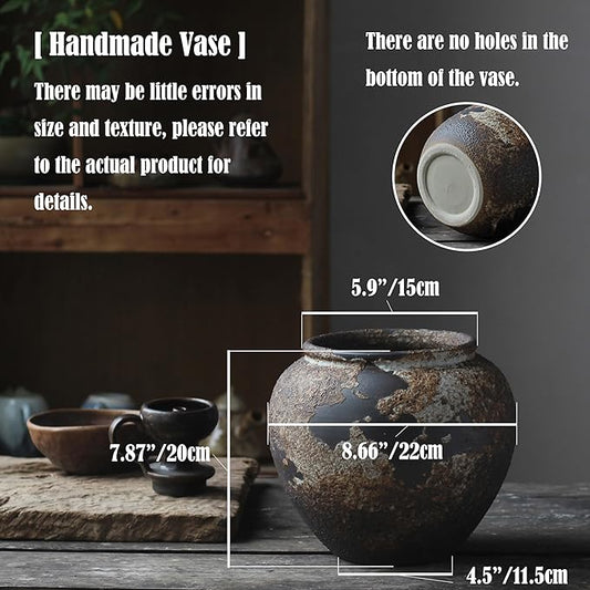 Denique Rustic Vase for Home Decor, Farmhouse Terracotta Vases, Large Ceramic Vase for Living Room Decor, Black Pottery Vase Large Clay Vase, Rustic Farmhouse Tabletop Decor(A-20cm)