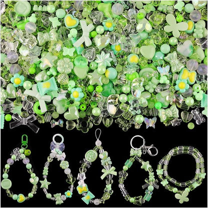 Assorted 200-260PCS Green Acrylic Beads for Bracelet Making, Flower Bow Candy GummyBear Bracelet Charms,Cute Beads for Jewelry Making DIY Necklace Keychain Phone Charm Christmas Gift