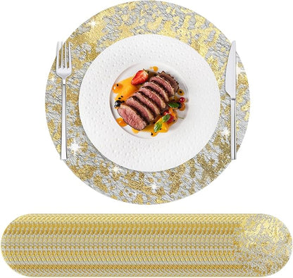 Hysenm 50 Pcs Disposable Gold Placemats Set Metallic 13 Inch Round Foil Mesh Pressed Table Doilies, Ultra-Thin Disposable Placement Mats for Home Decoration Dining Table Wedding Birthday Party