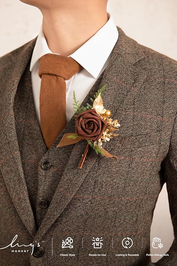 Ling's moment Boutonniere for Men, 6pcs Groom Groomsmen Boutonniere, Artificial Flowers for Wedding Decor/Prom/Homecoming, etc.Walnut Brown