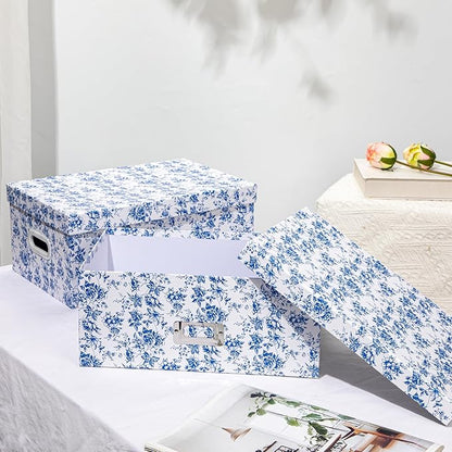 Briful Set of 2 Blue and White Porcelain-Style Storage Boxes with Lids – Elegant Floral Nesting Organizer Bins, 14'' + 13'' Set Decorative Cardboard Gift Boxes for Home or Office Use