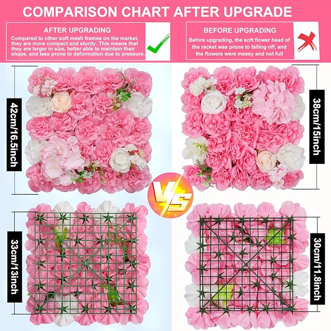 Flower Wall Backdrop 12pcs 16.5x16.5 Inch Artificial Floral Wall Panel 3D Silk Rose Wall Decor Ideal for Wedding Celebrations, Festive Party Backdrops, and Home Decor-Rose Pink