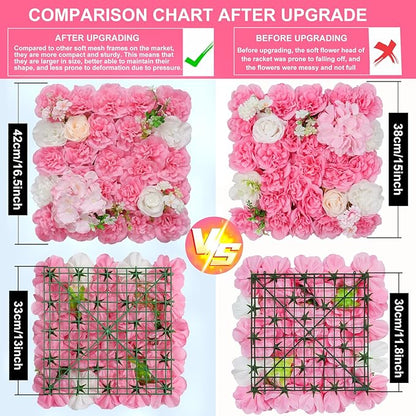 Flower Wall Backdrop 12pcs 16.5x16.5 Inch Artificial Floral Wall Panel 3D Silk Rose Wall Decor Ideal for Wedding Celebrations, Festive Party Backdrops, and Home Decor-Rose Pink
