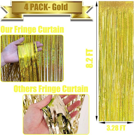 4 Pack Gold Tinsel Foil Fringe Curtain Backdrop, 3.28Ft x 8.2Ft Metallic Streamers for Photo Booth Props Wedding Bridal Shower Bachelorette Birthday Halloween Christmas Party Decoration
