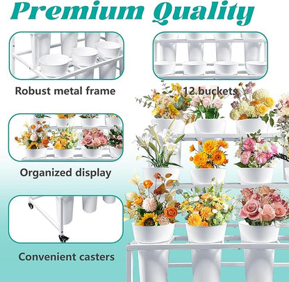 PROLEE Flower Stand with 12 Buckets, Flower Display Stand with Wheels, Flower Cart, Moving Florist Bouquet Shelf, Rectangular, White