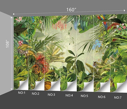 Tropical Botanical Animal Floral Bird Wallpaper Woodland Forest Tree Nursery Kids Bedroom Plant murals Living Room tv Background Large Wall Mural - 160"x108" Not Peel and Stick