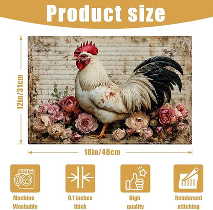 Vintage Rooster Floral Placemats Set of 6, Farmhouse Chicken Linen Place Mat Washable Stain Resistant Table Mats for Seasonal Kitchen Dining 12x18 Inch