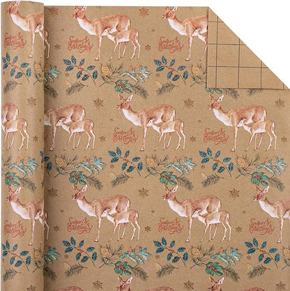 WRAPAHOLIC 30 Inch Kraft Christmas Wrapping Paper - 30 Inch x 33 Feet - Reindeer Wrapping Paper with Holly Design for Christmas, Holiday, Party Celebration