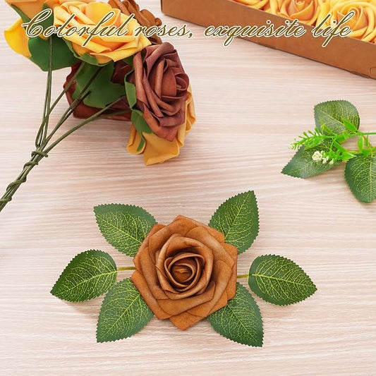 BLEUM CADE 36Pcs Artificial Flowers Fake Roses with Stems, Gradient Burnt Orange Boxed Foam Roses for DIY Bouquets Centerpieces Wedding Party Arrangement Bridal Shower Decor