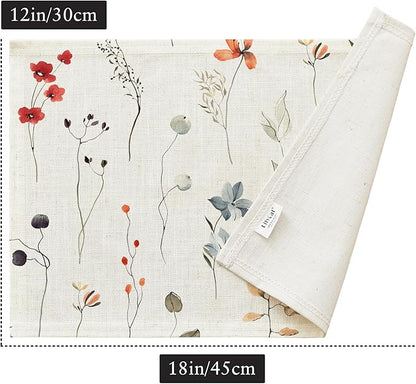 LilyCat Linen Fabric Floral Placemats, Waterproof Durable Boho Dining Table Mats for Kitchen, Rustic Vintage Washable Place Mats Set of 4, 18’’× 12’’