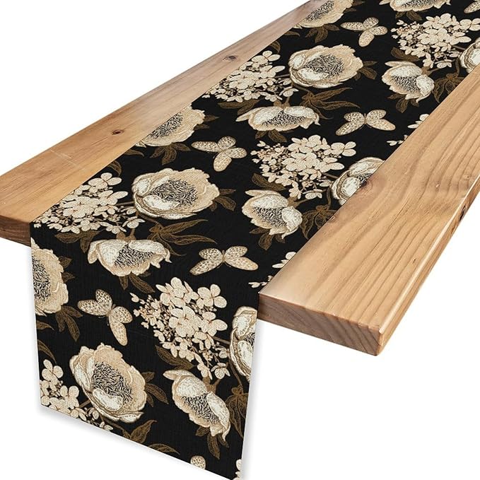 Boho Floral Table Runner, Retro Bohemian Abstract Flower Leaves Black Gothic Print Table Center Decor for Family Kitchen Table Decorations Indoor Outdoor 13x72 inch