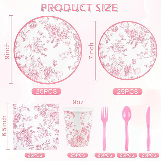 175Pcs Pink Floral Paper Plates and Napkins 25 Guests Pink White Toile Chinoiserie Party Supplies Set Include Plates Napkins Cups Spoons Forks Knives for Christmas Birthday Wedding Mother's Day