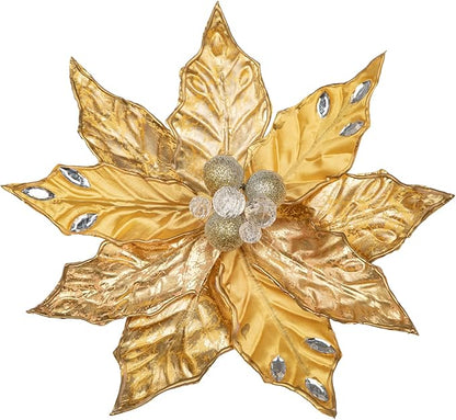Hollyone 3PCS Poinsettia Christmas Flowers Artificial 11" Large Gold Glitter Poinsettia Flowers Christmas Tree Ornaments Floral Picks for Tree Wreath Garland Vase Table Centerpiece Home Decor