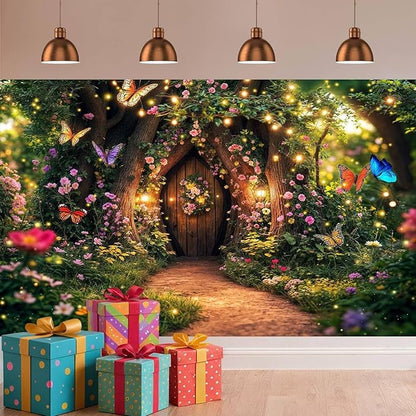 12X10ft Enchanted Forest Backdrop Fairy Tale Garden Wonderland Floral Butterfly Photography Background for Kids Girl Baby Shower Birthday Party Decoration Banner Cake Table Photo Booth Props